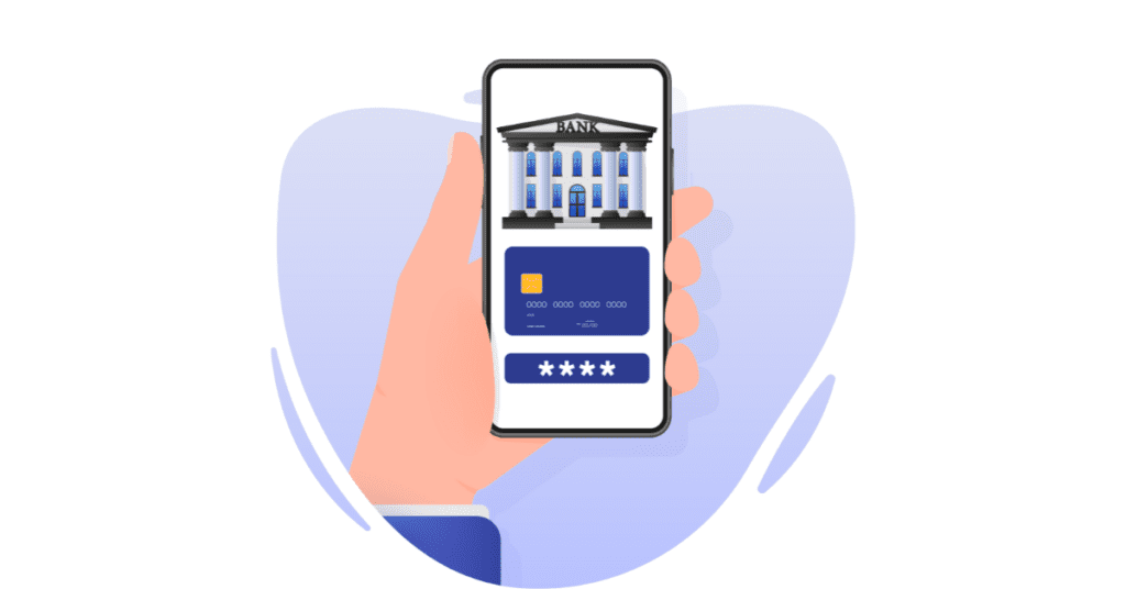 A hand holding a phone with a bank and password