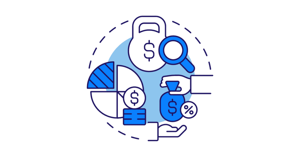 Blue line art of a hand holding a bag of money and a pie chart