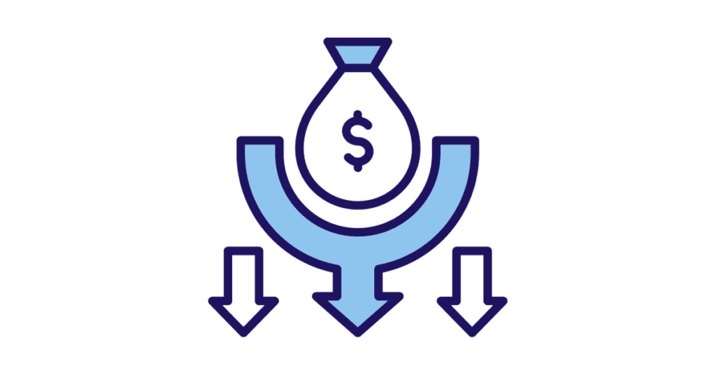 A blue icon with arrows pointing to a bag of money