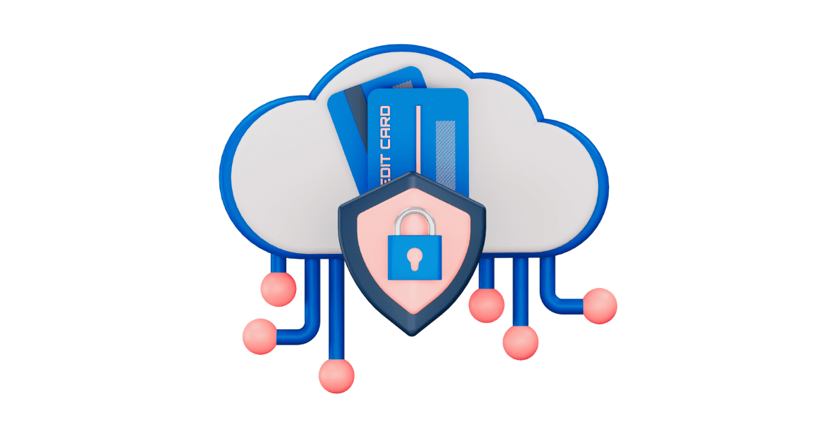 A cloud computing security system with credit cards and a padlock
