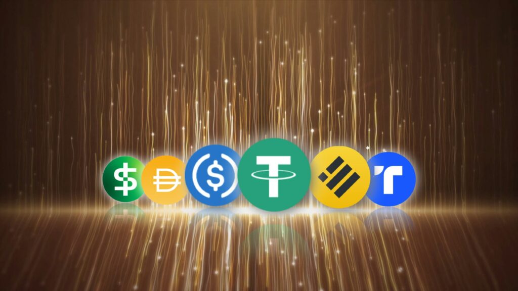 Row of cryptocurrency stablecoin logos including usdt, usdc, dai, and others against a dark background with golden light streaks
