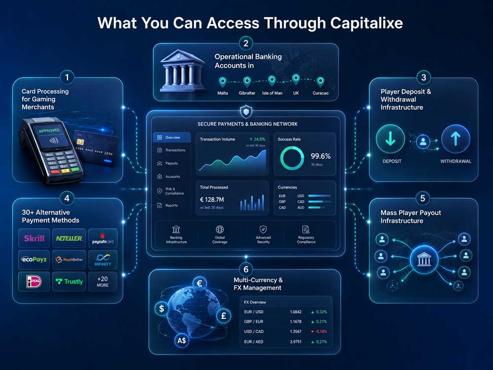Fintech infographic showing igaming payment solutions available through capitalixe, including card processing, banking accounts, deposits, payouts, alternative payment methods and fx management.